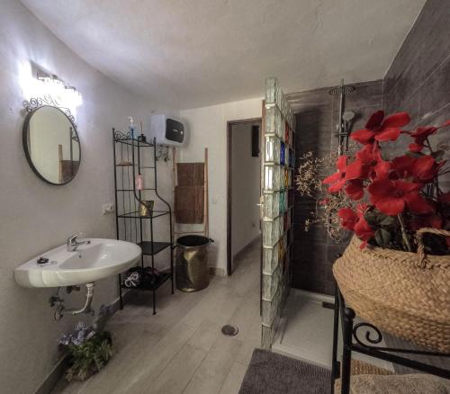 特吉塞Casa Oasis的浴室设有水槽和红花花瓶