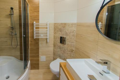 扎科帕内Apartamenty Kuźnice 13的一间带水槽、卫生间和镜子的浴室