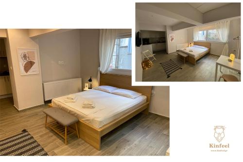 拉里萨Design downtown suite (K2)的卧室两张照片,配有一张床和一张书桌