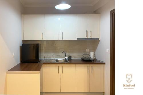 拉里萨Design downtown suite (K2)的厨房配有白色橱柜和水槽
