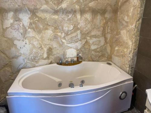 安曼Amman landscape farm的带浴缸的浴室和石墙