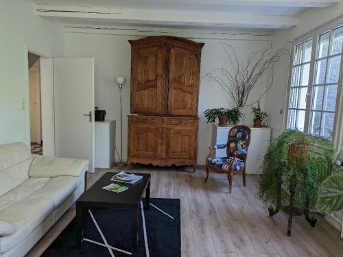 梅斯LES VOLETS BLEUS的带沙发和大型木制橱柜的客厅