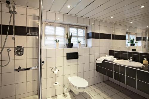 维林根Hotel zum Forsthaus的浴室配有卫生间、盥洗盆和淋浴。