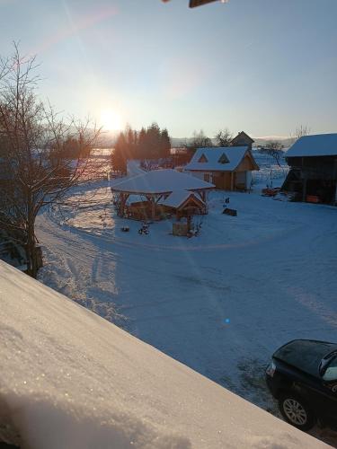DomaszkówApartament nad potokiem的冬天的景象,地面和建筑物上都有雪