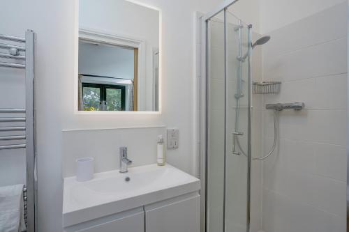 哈勒斯登Contemporary Barn Waveney Valley的白色的浴室设有水槽和淋浴。