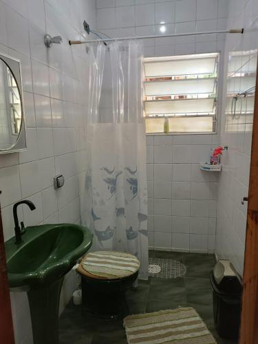 蒙加瓜Casa aconchegante beira mar的一间带绿色水槽和卫生间的浴室