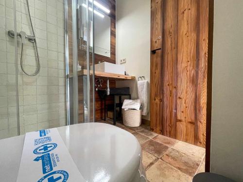 普奇塞达Puigcerdà Cal Gatesques 4的一间带卫生间和玻璃淋浴间的浴室