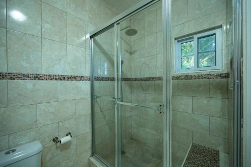圣玛丽Chrisann's Beach Resort的浴室里设有玻璃门淋浴