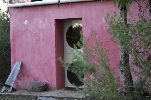 Isla PatrullaEl Albergue del Paso Polo (Quebrada de los Cuervos)的粉红色的狗屋,有门和窗户