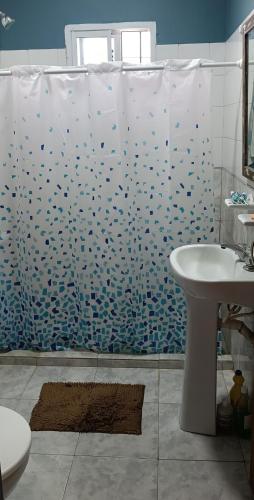 GualeguaychúEl cardenal的浴室配有淋浴帘和盥洗盆。