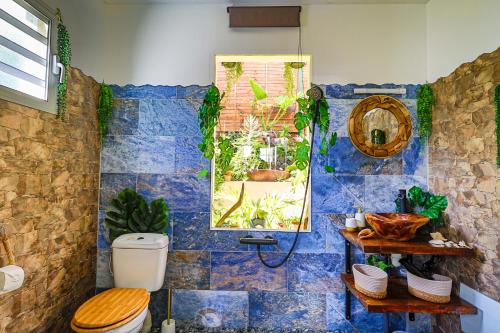 圣安娜SeaZen Lodge的蓝色瓷砖浴室设有卫生间和镜子