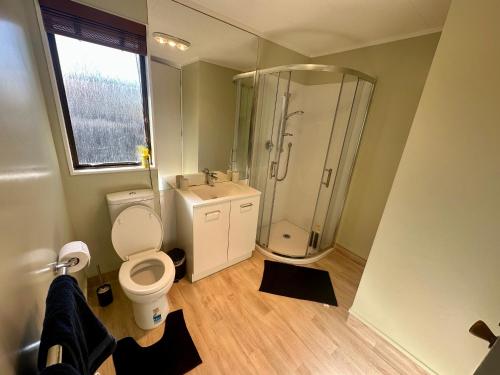 罗托鲁瓦Streamside Family Friendly Oasis with Spa的带淋浴、卫生间和盥洗盆的浴室