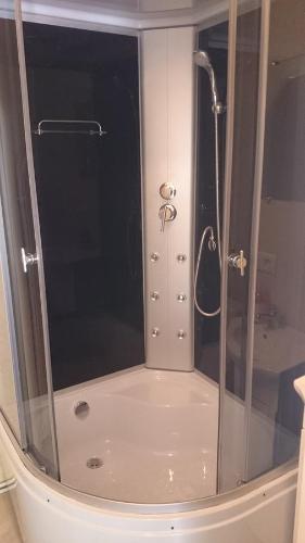 斯文托伊Ošupio poilsis的浴室里设有玻璃门淋浴