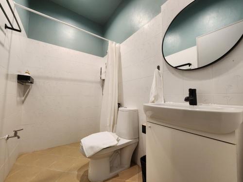 清莱4 bedrooms, Private & Cozy house @ Walking Street的一间带水槽、卫生间和镜子的浴室