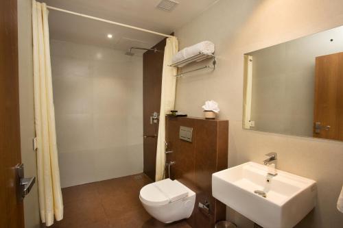 特里凡得琅Hotel Keerthi的一间带水槽、卫生间和镜子的浴室