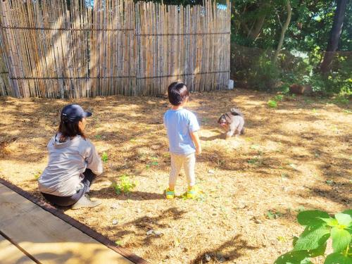 真鹤町COUSCOUS Glamping Manazuru的两个孩子在院子里看着猴子