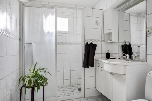 耶夫勒Vikingavägen 75的带淋浴和盥洗盆的白色浴室