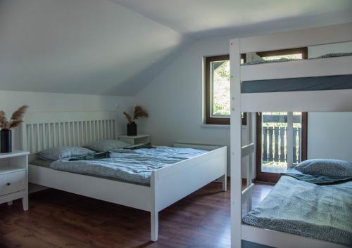 PuconciHOSTEL VANEČA的一间卧室配有两张床和一张双层床。