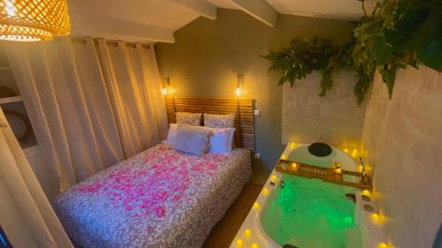 纳博讷L'annexe spa du Tropical Lodge的一间卧室配有一张床和一个浴缸
