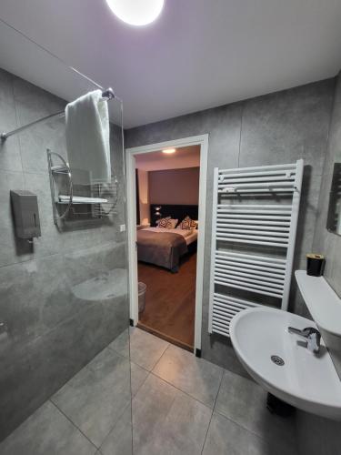 海牙Hotel Broer & Zus的一间带水槽和卫生间的浴室以及一张床