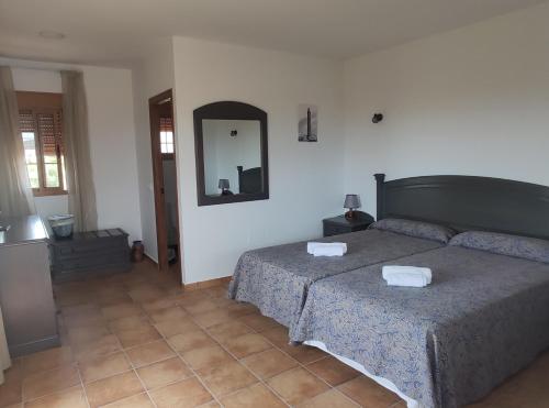 加的斯Vistas al faro的一间卧室设有两张床,墙上设有一面镜子