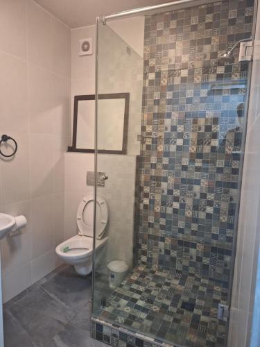 乌姆德洛蒂UMDLOTI MODERN 3 BEDROOM BEACH FLAT的一间带卫生间和玻璃淋浴间的浴室