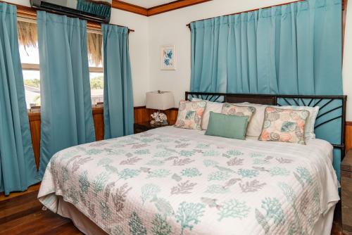 圣佩德罗Dolphin Dreams Villa B3的一间卧室配有一张带蓝色窗帘的大床