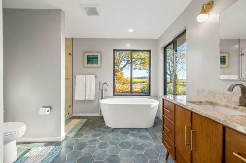罗内特公园Modern Cotati Villa with Private Pool and Large Deck!的带浴缸、盥洗盆和卫生间的浴室