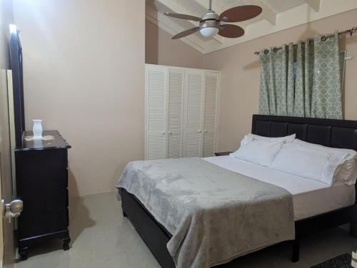 圣安斯贝La Palmera的一间卧室配有一张床和吊扇