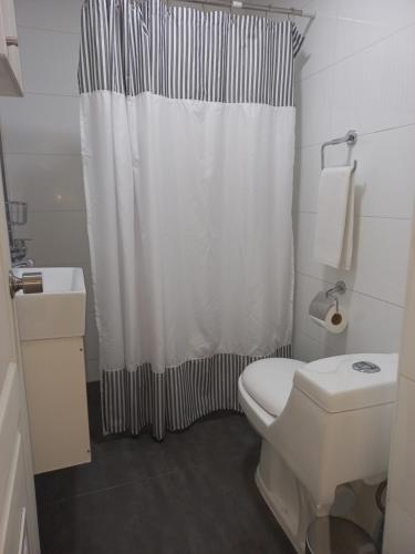 维纳德马Hotel Cocó Cochoa的浴室设有白色卫生间和淋浴帘。
