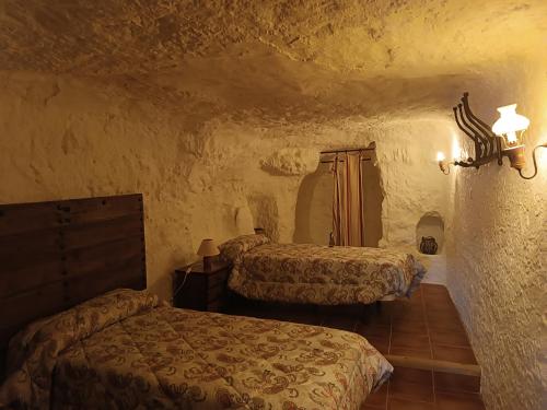 阿尔卡拉德尔胡卡尔Las Cuevas Del Abismo的石头客房设有一间带两张床的卧室