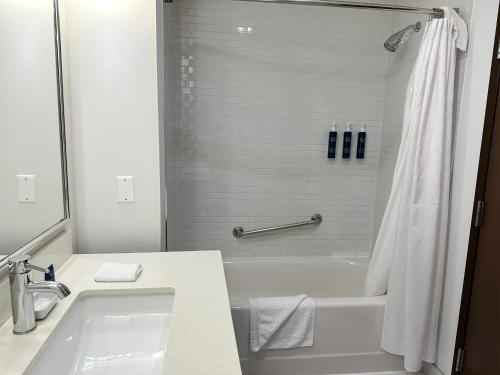 埃德蒙顿埃德蒙顿机场福朋喜来登酒店的白色的浴室设有浴缸、水槽和淋浴。