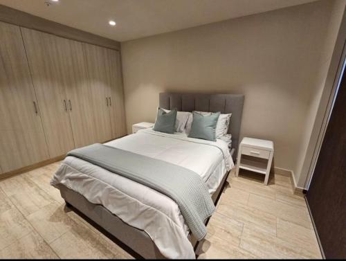巴拿马城Penhouse vista al mar y ciudad的一间卧室配有一张带蓝色枕头的大床