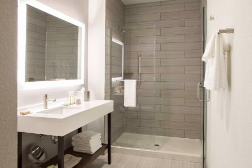 明尼阿波利斯Hilton Garden Inn Minneapolis - University Area的一间带水槽和淋浴的浴室