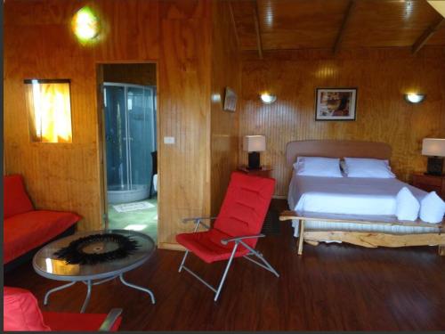 安加罗阿Atavai Hotel Rapa Nui的一间卧室配有一张床和一张红色椅子