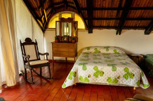 波萨达斯" Casa quinta "San Bernardo" Con Pileta y amplio jardín的一间卧室配有一张床、一把椅子和一个梳妆台