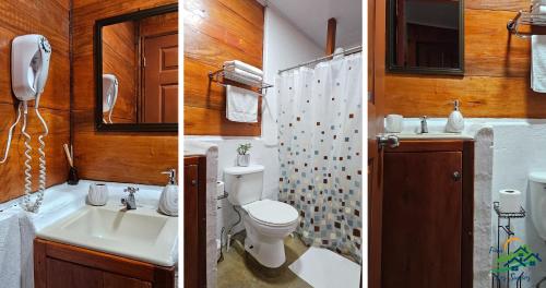 QuesadaCabaña Colibrí的浴室的两张照片,配有卫生间和水槽
