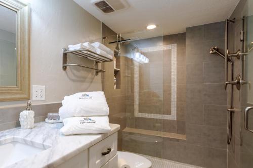 奥蒙德海滩Paloma Penthouse的带淋浴、卫生间和盥洗盆的浴室