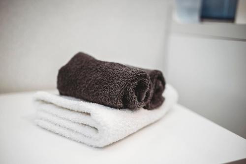 新普利茅斯Holiday On Hamblyn的浴室柜台的毛巾