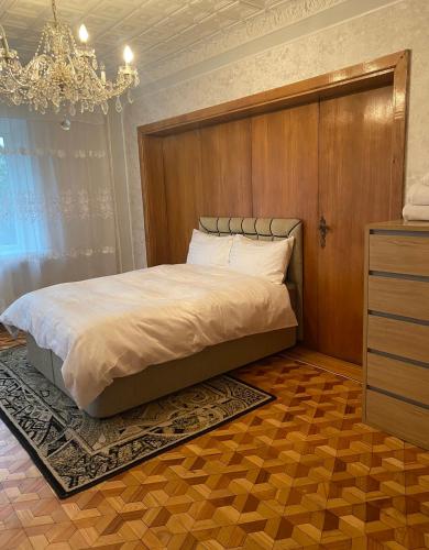 卡梅拉瓦2 bedroom apartment close to Kaunas airport in Karmelava的一间卧室配有一张大床和木制床头板