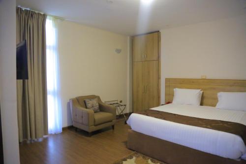 亚的斯亚贝巴Black Horse Hotel的配有一张床和一把椅子的酒店客房