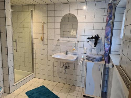 格拉弗瑙Ferienwohnung Graf Konrad的一间带水槽和淋浴的浴室