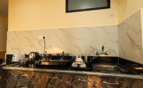达兰萨拉Himalayan Suite的厨房柜台设有水槽和炉灶。
