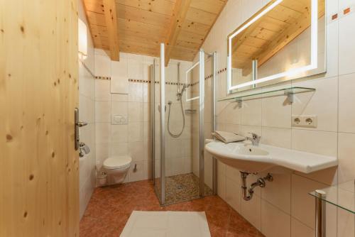 斯拉德明Gästehaus Sieder by Schladming-Appartements的一间带水槽、淋浴和卫生间的浴室