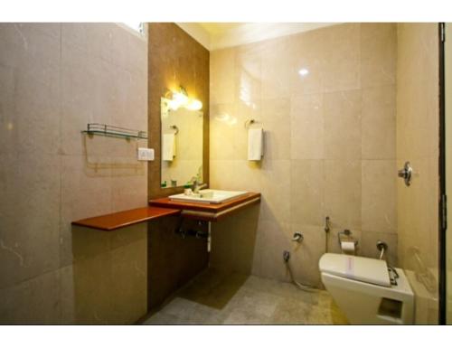 占西Hotel Bundelkhand Pride, Jhansi的一间带水槽、卫生间和镜子的浴室