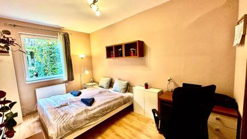 布达佩斯Benett apartman的一间卧室配有一张床、一张书桌和一个窗户。