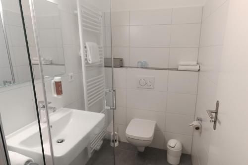 新明斯特库尔酒店的白色的浴室设有卫生间和水槽。