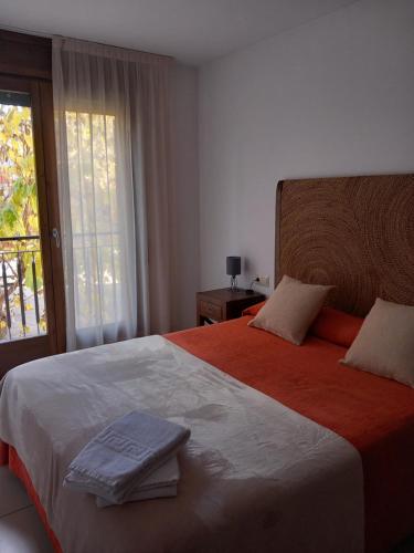 普奇塞达Apartaments Bell-Lloc Puigcerda的一间卧室配有一张大床和毛巾