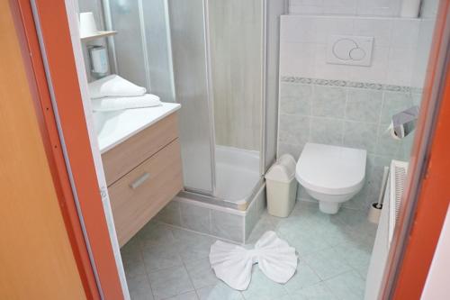 韦尔特湖畔克伦彭多夫胡蒂里斯特酒店的浴室设有卫生间,地板上设有带弓的淋浴。
