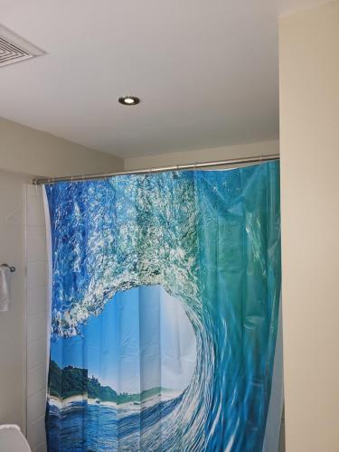 渥太华Lovely Guest Entire Apartment的带有波浪画的浴帘